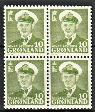 FRIMÆRKER GRØNLAND | 1950 - AFA 30 - Kong Frederik IX - 10 øre grøn i 4-blok - Postfrisk